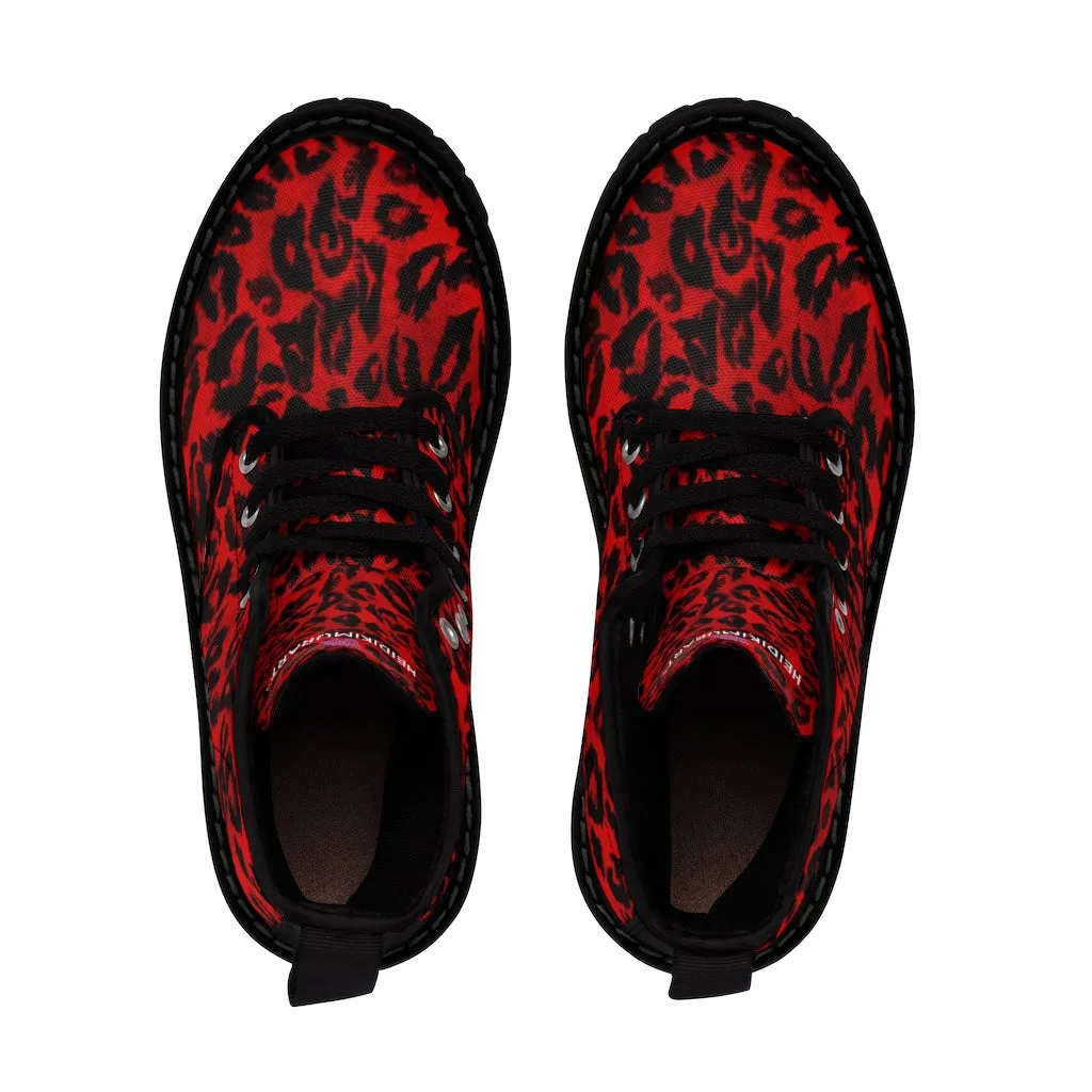 Red Leopard Women's Canvas Boots, Best Red Leopard Animal Print Winter Boots For Ladies