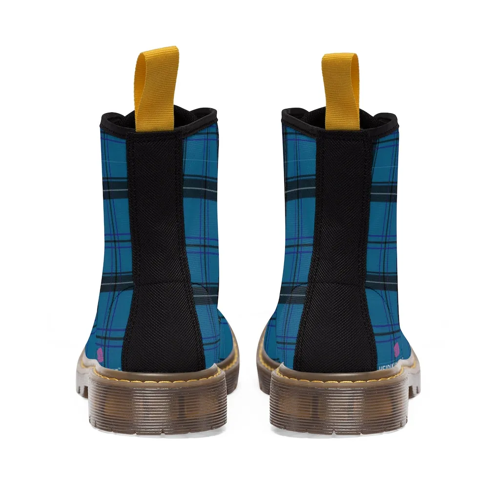 Royal Blue Plaid Winter Boots, Tartan Scottish Style Plaid Print Canvas Boots For Women (US Size 6.5-11)