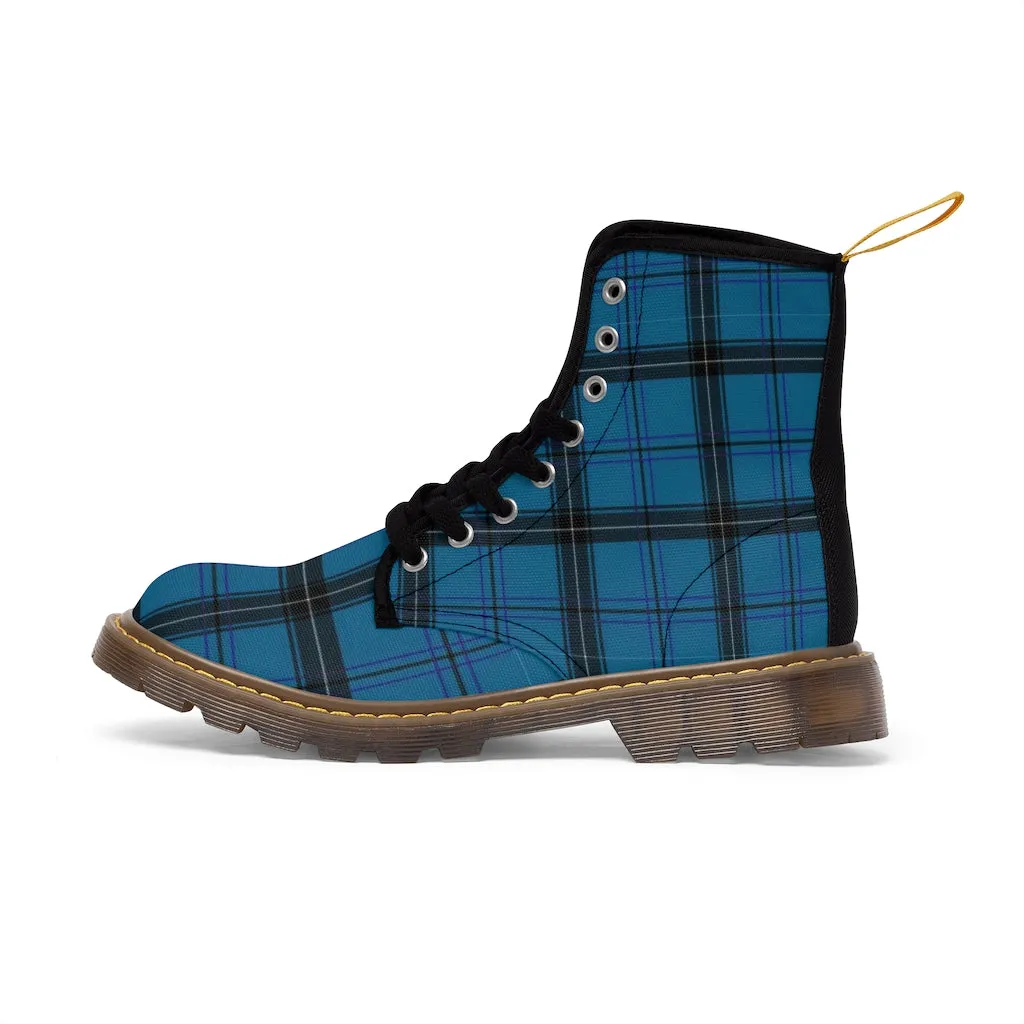 Royal Blue Plaid Winter Boots, Tartan Scottish Style Plaid Print Canvas Boots For Women (US Size 6.5-11)
