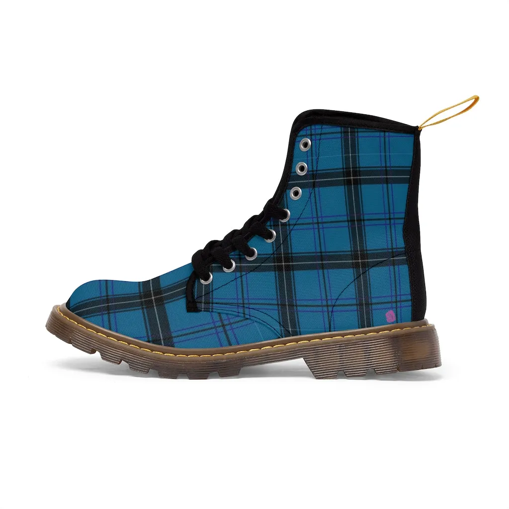 Royal Blue Plaid Winter Boots, Tartan Scottish Style Plaid Print Canvas Boots For Women (US Size 6.5-11)