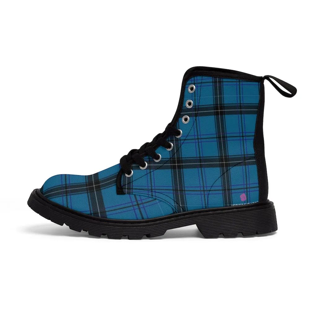 Royal Blue Plaid Winter Boots, Tartan Scottish Style Plaid Print Canvas Boots For Women (US Size 6.5-11)