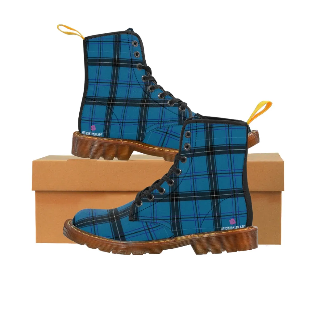 Royal Blue Plaid Winter Boots, Tartan Scottish Style Plaid Print Canvas Boots For Women (US Size 6.5-11)