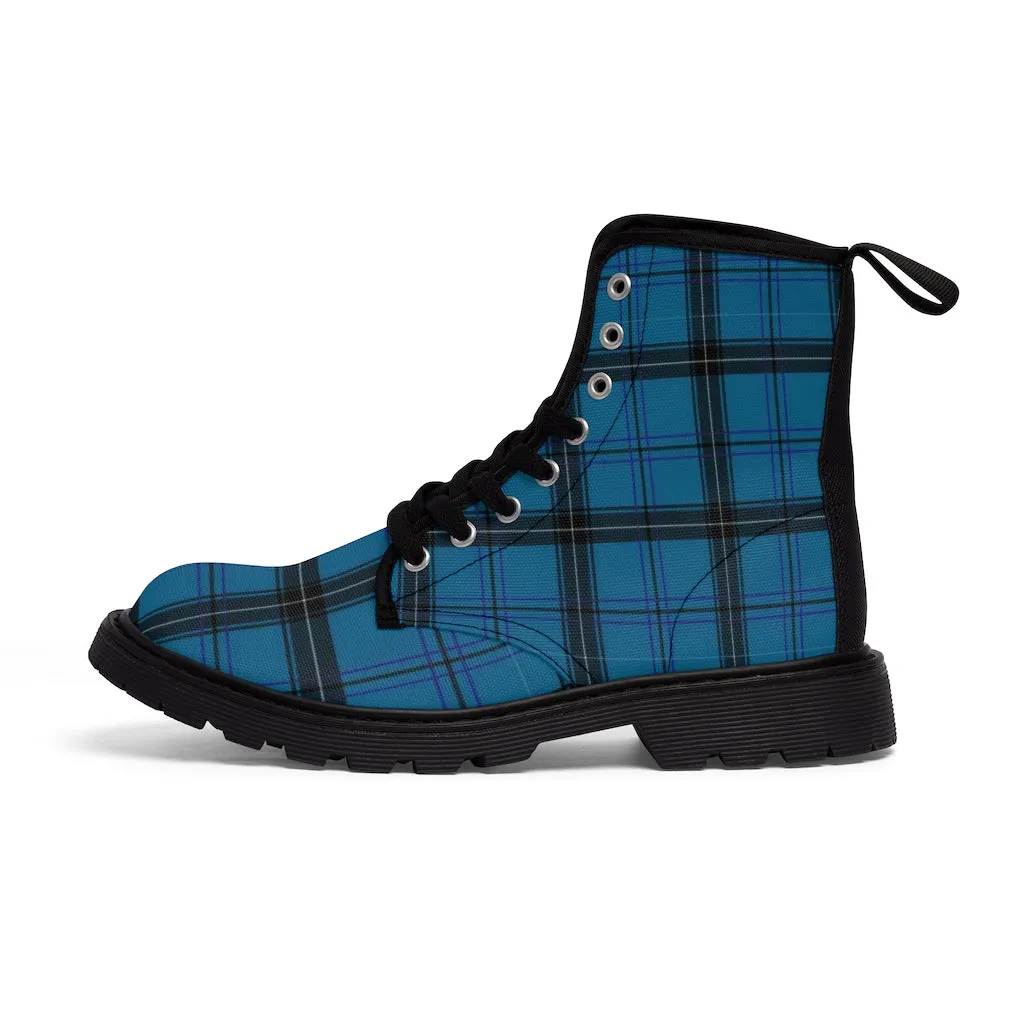 Royal Blue Plaid Winter Boots, Tartan Scottish Style Plaid Print Canvas Boots For Women (US Size 6.5-11)