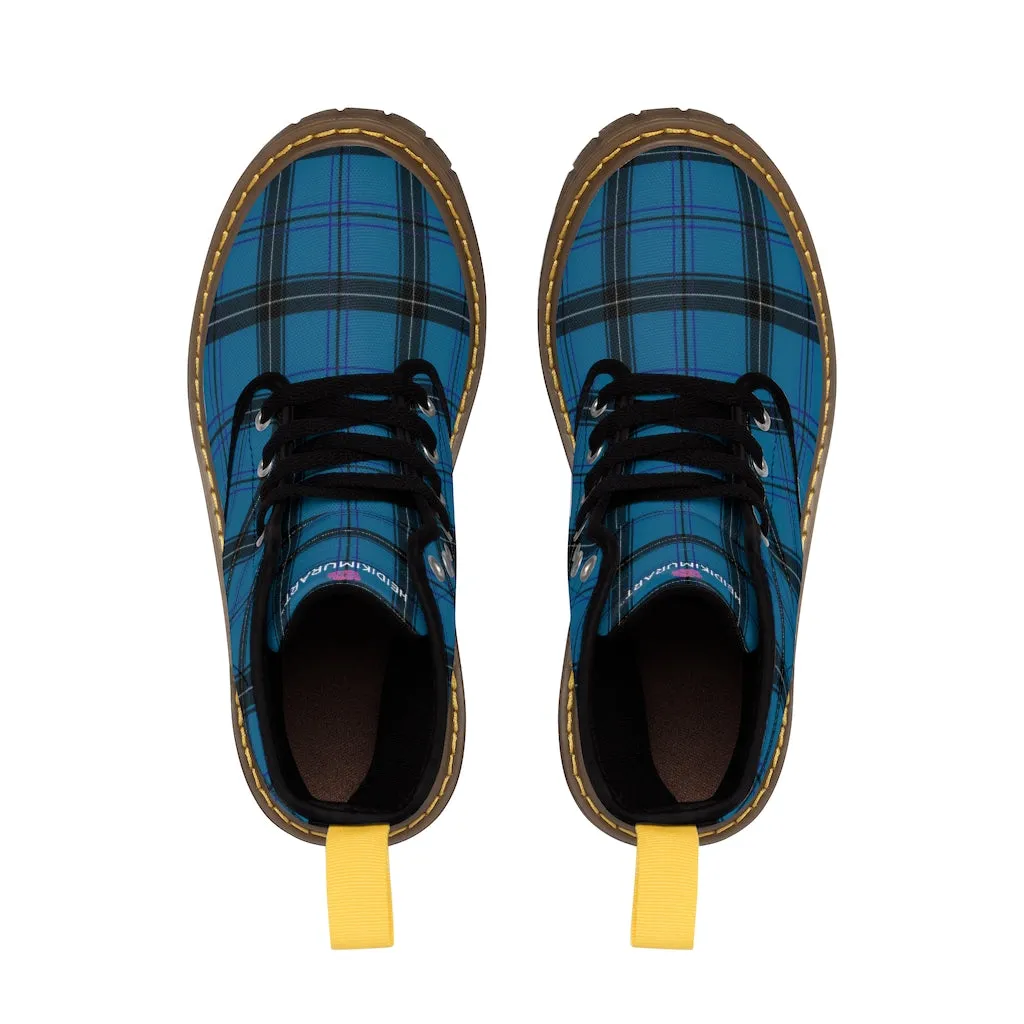 Royal Blue Plaid Winter Boots, Tartan Scottish Style Plaid Print Canvas Boots For Women (US Size 6.5-11)
