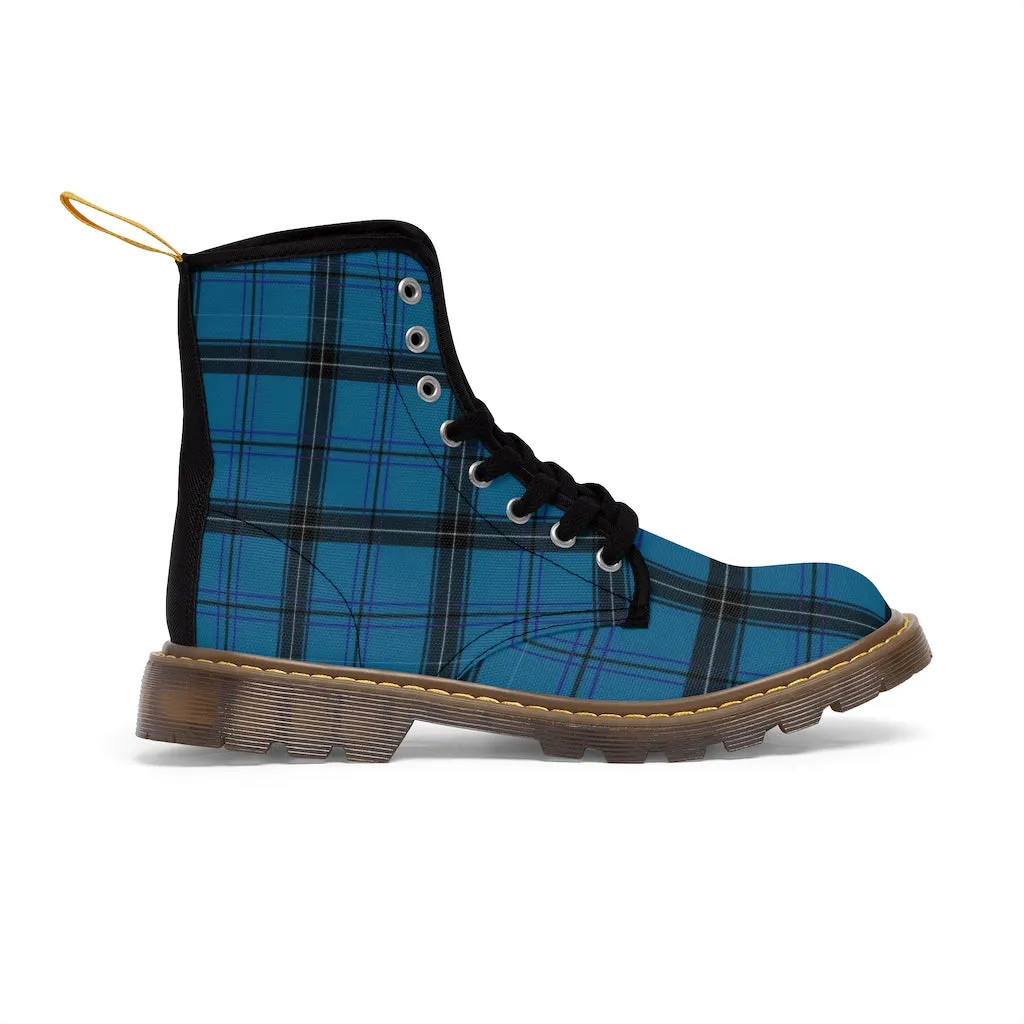 Royal Blue Plaid Winter Boots, Tartan Scottish Style Plaid Print Canvas Boots For Women (US Size 6.5-11)