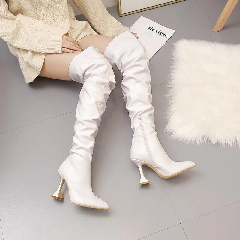Sexy PU Point Toe Plain High Heel Over Knee Boots