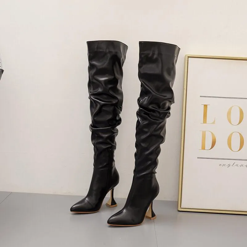 Sexy PU Point Toe Plain High Heel Over Knee Boots