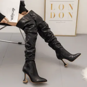 Sexy PU Point Toe Plain High Heel Over Knee Boots