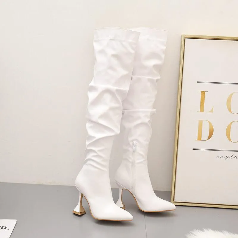Sexy PU Point Toe Plain High Heel Over Knee Boots