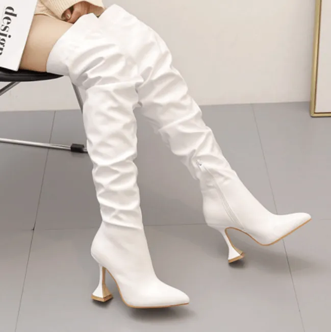 Sexy PU Point Toe Plain High Heel Over Knee Boots