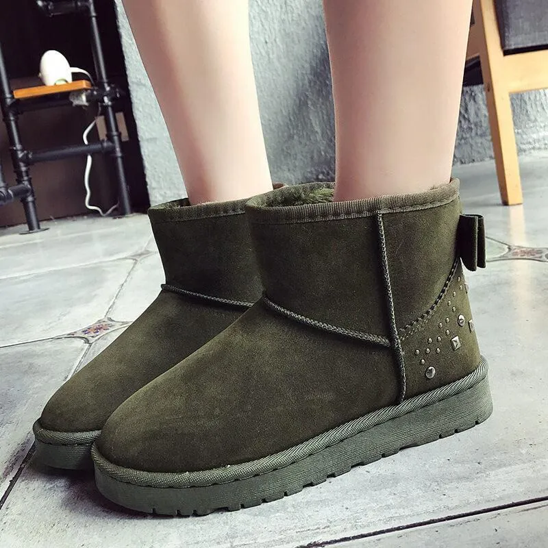 Snow Fur Rivet Ankle Low Heel Boots