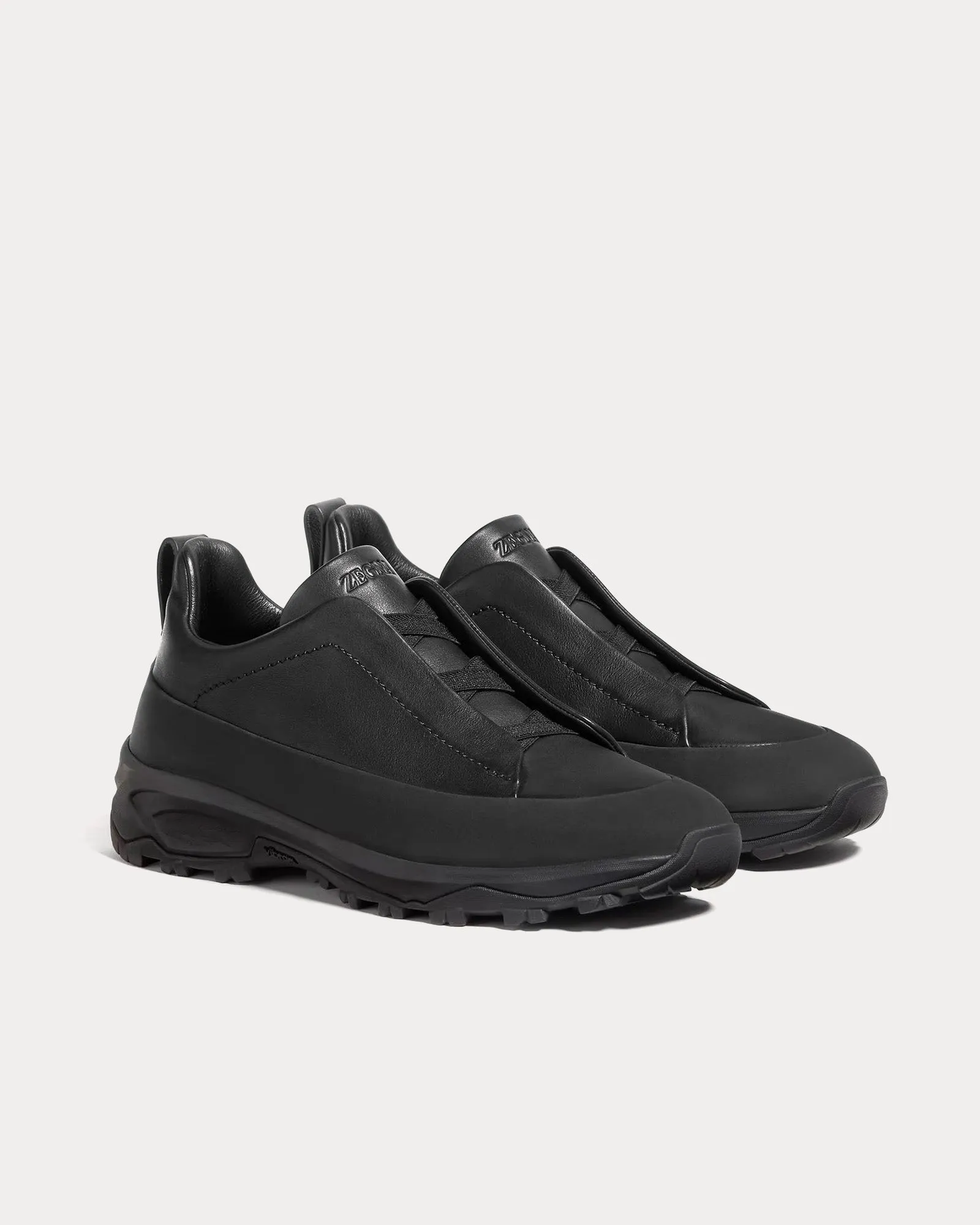 Triple Stitch Monte Leather Black Slip On Sneakers