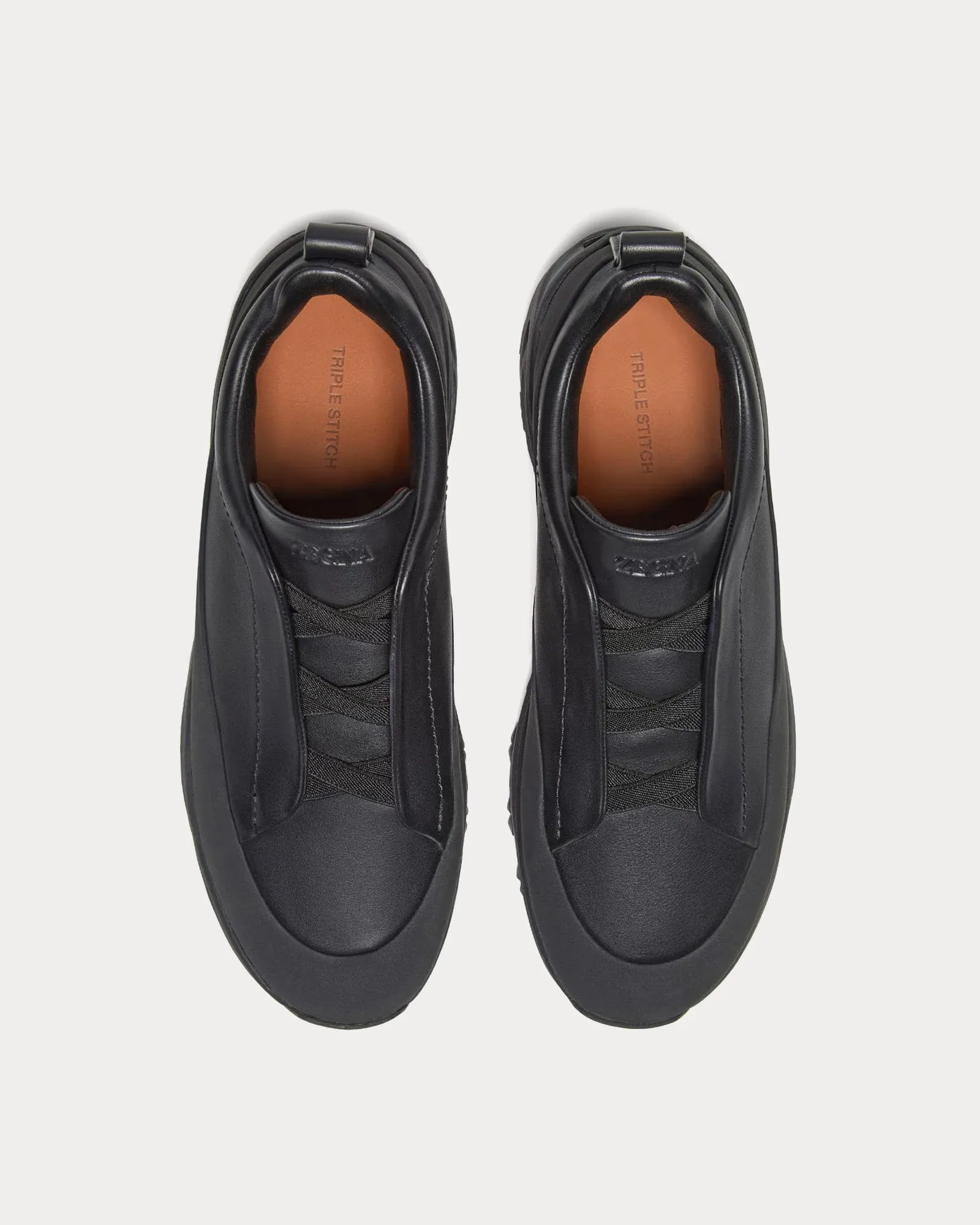 Triple Stitch Monte Leather Black Slip On Sneakers
