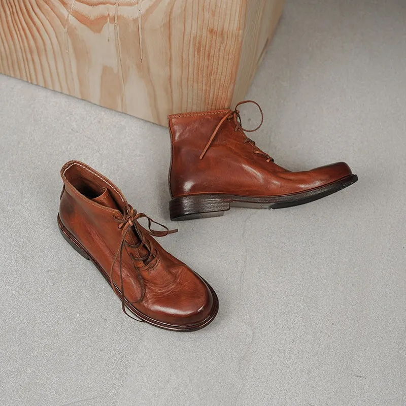 Women Ankle Boots Genuine Leather Lace-Up Round Toe Top Winter Ladies shoes