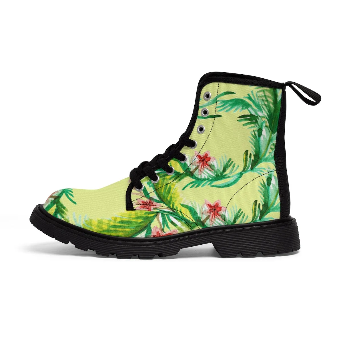 Yellow Floral Women's Boots, Designer Vintage-Style Print Canvas Winter Hiking Boots