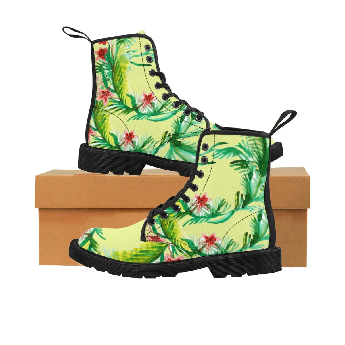 Yellow Floral Women's Boots, Designer Vintage-Style Print Canvas Winter Hiking Boots